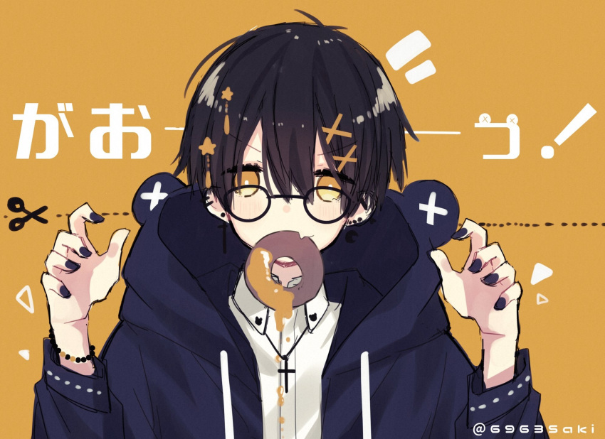 1boy black_hair cross cross_necklace doughnut ear_piercing food food_focus glasses highres hood hoodie jewelry looking_at_viewer male_focus nail_polish necklace oosaka_rei original pale_skin piercing yellow_eyes