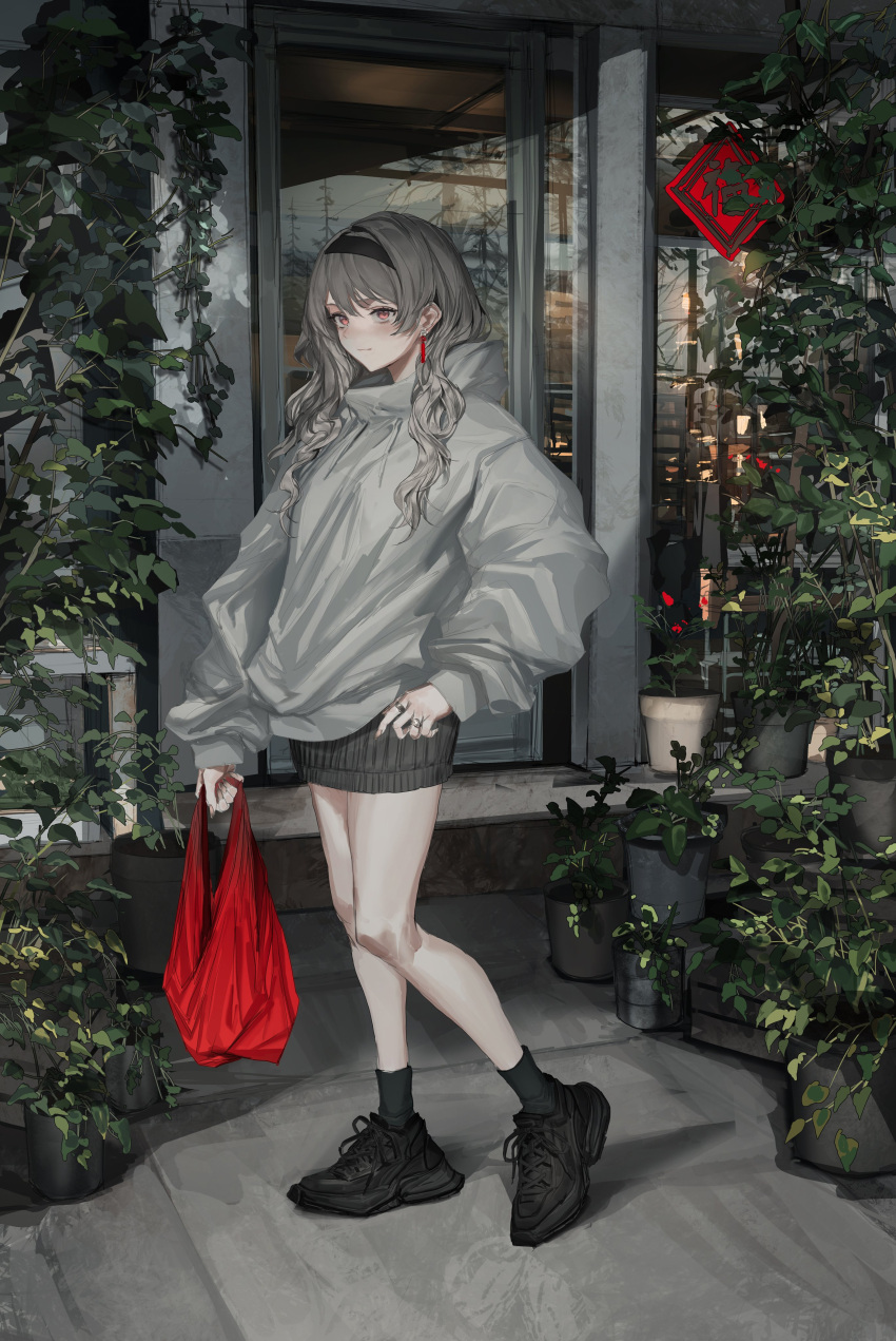 1girl absurdres bag bare_legs earrings hairband highres jewelry legs lm7_(op-center) orange_eyes plant pullover reflection shoes sign silver_hair socks standing window