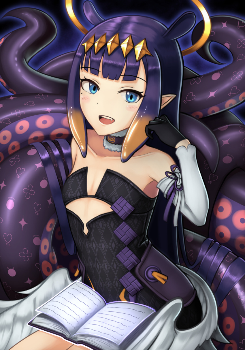 1girl absurdres bangs black_gloves blue_eyes blunt_bangs blush book detached_sleeves dress eyebrows_visible_through_hair fang flat_chest gloves hair_ornament halo highres hololive hololive_english long_hair mole mole_under_eye multicolored_hair ninomae_ina'nis open_book open_mouth orange_hair pointy_ears purple_hair silverchariotx smile solo tentacle_hair tentacles virtual_youtuber
