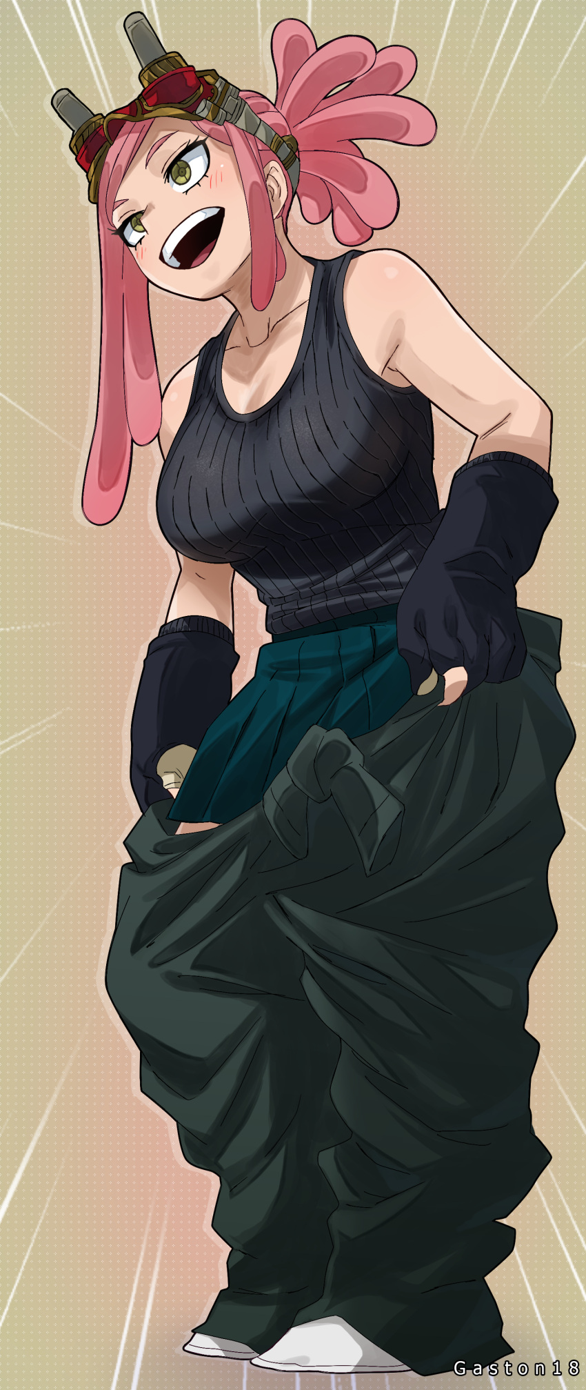 +_+ 1girl :d absurdres black_shirt boku_no_hero_academia breasts colorized crosshair derivative_work dressing gaston18 gloves goggles goggles_on_head gradient gradient_background green_skirt hatsume_mei highres large_breasts medium_hair open_mouth overalls partially_fingerless_gloves pink_hair pleated_skirt ponytail shirt skirt smile solo standing symbol-shaped_pupils tank_top teeth upper_teeth yellow_background yellow_eyes