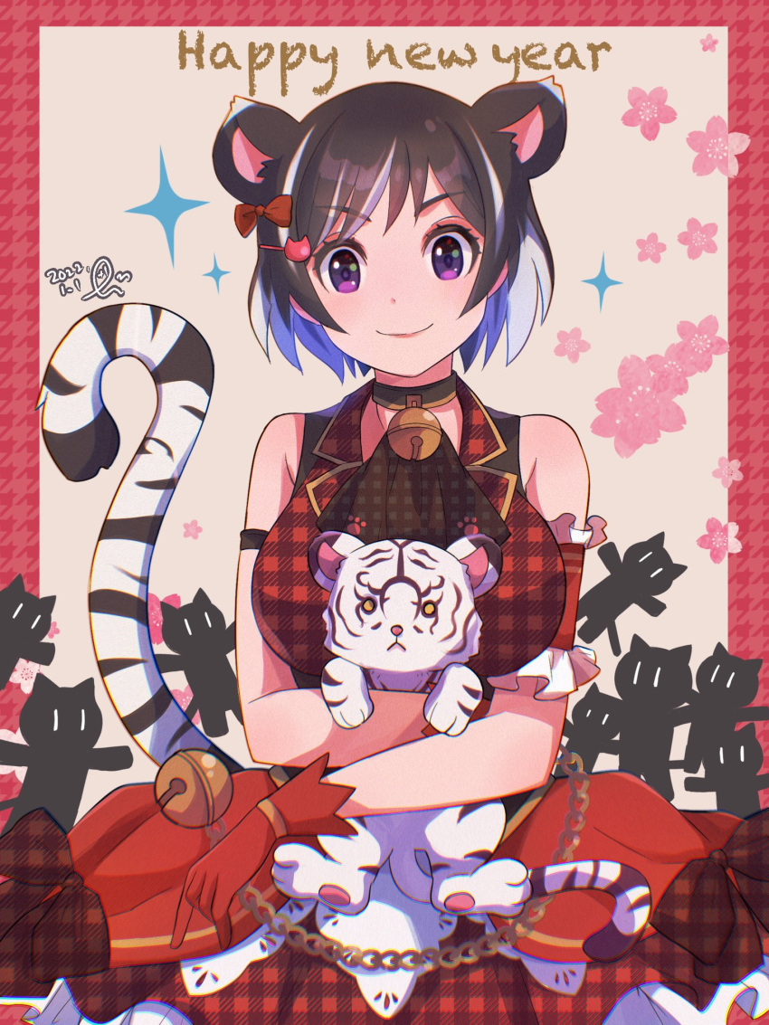 1girl animal_ears anotherplus bell black_hair bow breasts chinese_zodiac commentary_request dated english_text hair_bow hair_ornament hairclip hanekawa_tsubasa happy_new_year highres kako_(monogatari) large_breasts looking_at_viewer monogatari_(series) multicolored_hair neck_bell nekomonogatari new_year short_hair smile streaked_hair tail tiger tiger_ears tiger_girl tiger_tail violet_eyes white_hair year_of_the_tiger
