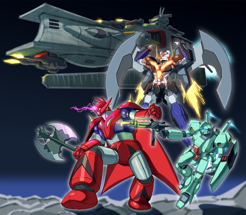 axe beam_rifle char's_counterattack clenched_hand clenched_hands commission crossover energy_gun firing flying getter_dragon getter_robo gun gundam highres holding holding_axe holding_gun holding_shield holding_weapon ichinana_(mazinger) jegan kin-san_(sasuraiga) mazinger_(series) mazinger_z mazinger_z:_infinity mecha multiple_crossover science_fiction shield shin_getter_robo skeb_commission space_craft super_robot super_robot_wars super_robot_wars_30 thrusters victory_gundam visor weapon