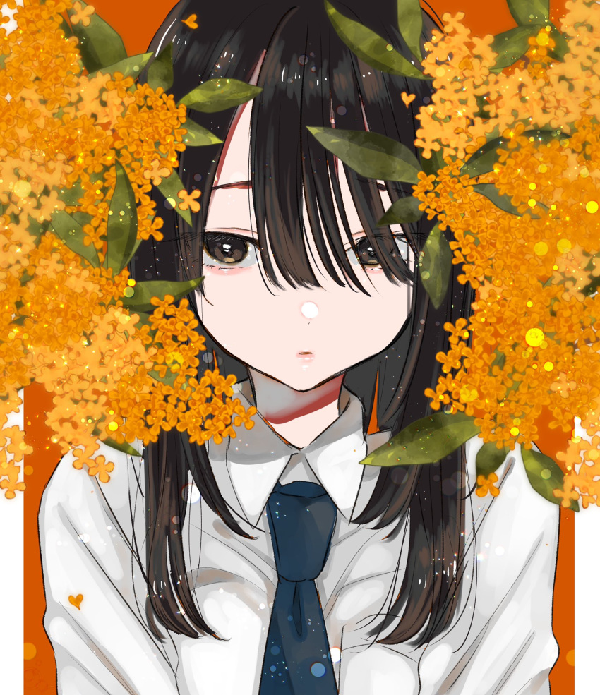 1girl black_eyes black_hair blue_necktie blurry bokeh breast_pocket depth_of_field hair_between_eyes highres kawai_rou long_hair necktie open_mouth original osmanthus parted_lips plant pocket school_uniform shirt simple_background solo standing upper_body white_shirt