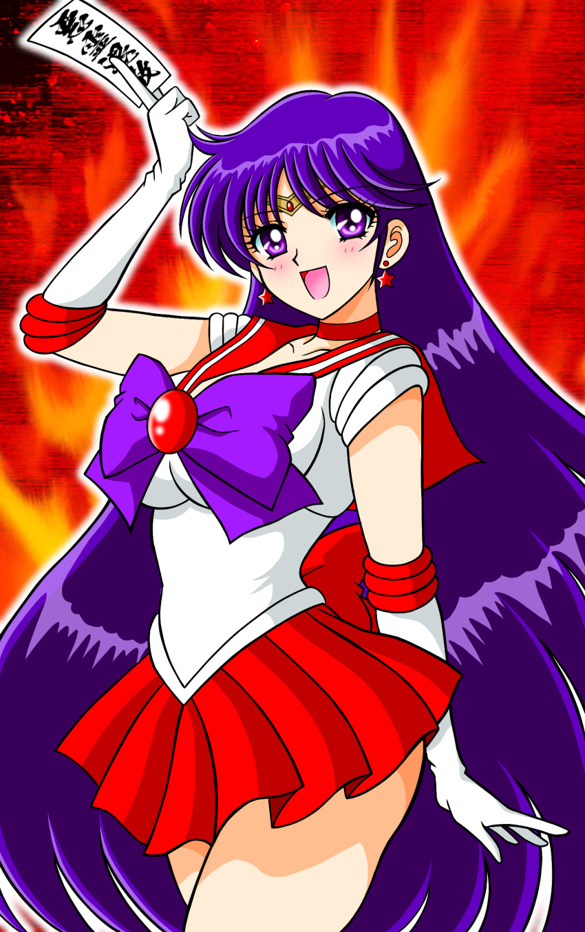 1girl :d arm_behind_back bangs bare_legs bishoujo_senshi_sailor_moon choker collarbone commentary cowboy_shot earrings elbow_gloves eyebrows_visible_through_hair eyelashes fire forehead frilled_skirt frills gloves hand_up highres hino_rei holding_charm jewelry leotard long_hair looking_at_viewer magical_girl nagaigoz open_mouth purple_hair red_choker red_skirt sailor_mars sailor_senshi_uniform short_sleeves skirt smile solo standing star_(symbol) star_earrings thighs tiara tongue violet_eyes white_gloves white_leotard