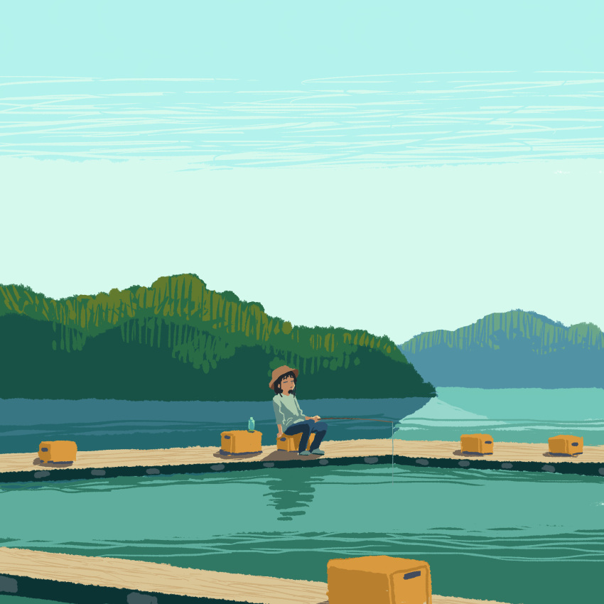 1girl blue_shirt blue_sky brown_headwear closed_eyes closed_mouth commentary denim fishing fishing_rod forest highres holding holding_fishing_rod jeans lake long_sleeves mountain muji_(uimss) nature original pants scenery shirt sitting sky solo wide_shot