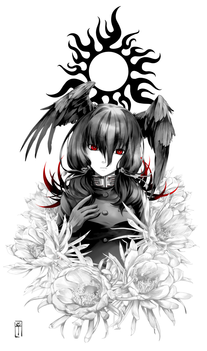 1girl absurdres bird_girl black_gloves black_hair black_jacket black_wings chiki_yuuko commentary_request epiphyllum feathered_wings flower gloves hair_between_eyes hair_ornament head_wings highres jacket kemono_friends military_jacket red_eyes solo twintails white_flower wings yatagarasu_(kemono_friends)