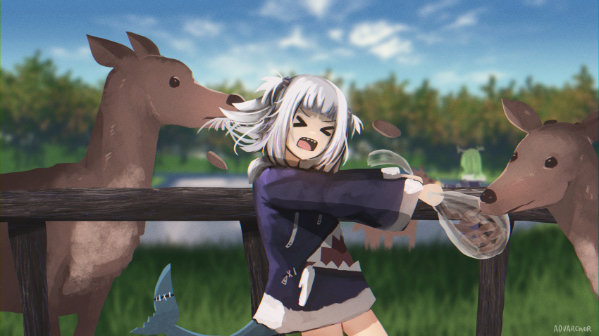 &gt;_&lt; 2girls animal anonamos artist_name bag bite_mark blue_sky blurry blurry_background ceres_fauna commentary cowboy_shot day deer eating_hair fence fish_tail gawr_gura highres hololive hololive_english long_sleeves multiple_girls open_mouth outdoors plastic_bag shark_tail sharp_teeth sky stitches tail teeth two_side_up virtual_youtuber white_hair