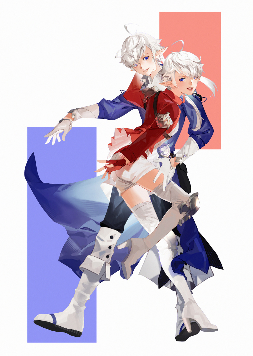 1boy 1girl abstract_background ahoge alisaie_leveilleur alphinaud_leveilleur black_pants blue_background blue_coat blue_eyes boots brother_and_sister chinese_commentary coat commentary_request elezen elf final_fantasy final_fantasy_xiv fingerless_gloves full_body gloves high_heels highres hutaway jacket knee_boots long_hair long_sleeves looking_at_viewer pants pants_tucked_in parted_lips pointy_ears red_background red_gloves red_jacket shorts siblings thigh-highs thigh_boots white_background white_footwear white_gloves white_hair white_legwear white_shorts