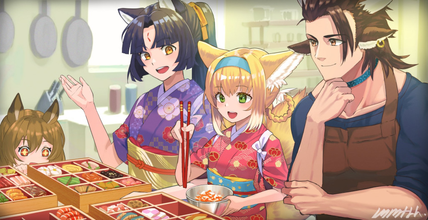 +_+ 1boy 3girls :d animal_ear_fluff animal_ears apron arknights bangs black_hair black_shirt blonde_hair blue_hairband blush bowl box brown_apron brown_eyes brown_hair ceobe_(arknights) chopsticks closed_mouth collar collarbone commentary_request cow_boy cow_ears cow_horns dog_ears eyebrows_visible_through_hair facial_mark floral_print food forehead forehead_mark fox_ears frying_pan green_eyes hairband hand_on_own_chin hand_up height_difference highres holding holding_bowl holding_chopsticks horns indoors infection_monitor_(arknights) japanese_clothes kimono kitchen knife_block long_hair matterhorn_(arknights) memetaroh multicolored_hair multiple_girls obi open_mouth parted_bangs pectorals ponytail print_kimono purple_kimono red_eyes red_kimono saga_(arknights) sash shirt short_hair short_sleeves signature smile sparkling_eyes suzuran_(arknights) tasuki toned toned_male two-tone_hair upper_body white_hair