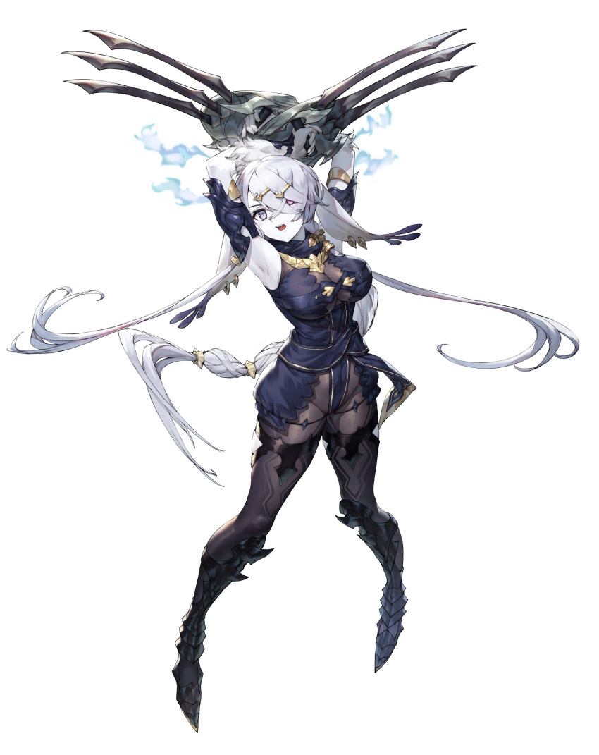 1girl absurdres animal_ears arms_up atelier_(series) atelier_ryza blue_eyes breasts floating_hair full_body fur hair_ornament hairclip heterochromia highres large_breasts lila_decyrus long_hair official_art open_mouth photoshop_(medium) pointy_footwear red_eyes simple_background solo very_long_hair white_background white_hair
