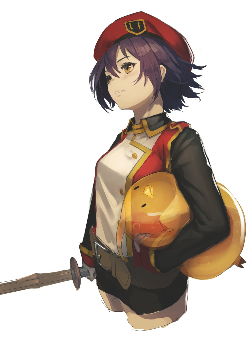 1girl absurdres belt beret copyright_request eyelashes gloves grey_gloves hair_between_eyes hara_shoutarou hat highres holding holding_sword holding_weapon parted_lips purple_hair red_headwear shinai short_hair simple_background sketch smile solo sword transparent weapon white_background yellow_eyes