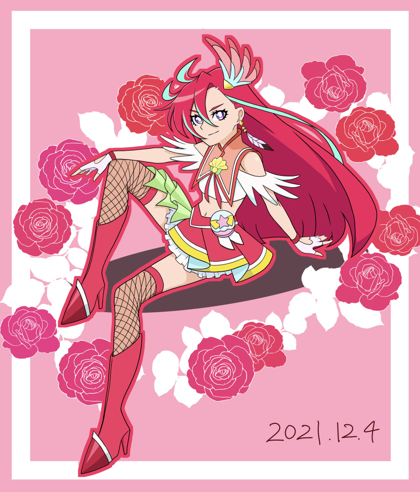 1girl bangs blue_hair boots clothing_cutout commentary_request cure_flamingo earrings eyelashes floating_hair gloves gradient_hair hair_between_eyes hair_intakes hair_ornament heart_cutout high_heel_boots high_heels highres hiralindepuruns jewelry layered_skirt long_hair looking_at_viewer magical_girl midriff multicolored_clothes multicolored_hair multicolored_skirt nail_polish pink_hair pink_skirt precure skirt solo standing takizawa_asuka thigh-highs tropical-rouge!_precure very_long_hair violet_eyes white_gloves white_skirt