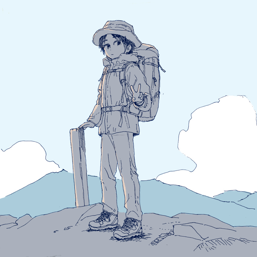 1girl absurdres backpack bag blue_sky closed_mouth clouds commentary flower hat highres hiking jacket limited_palette long_sleeves looking_at_viewer mountain muji_(uimss) original pants shoes short_hair sky solo standing v