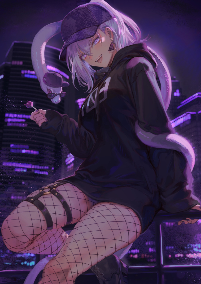 1girl :p absurdres bangs baseball_cap black_hoodie black_nails boots brown_footwear building candy city drawstring dress earrings fangs fishnet_legwear fishnets food hair_between_eyes hat highres hood hoodie hoodie_dress jewelry light_purple_eyes light_purple_hair lollipop long_sleeves mashuu_(neko_no_oyashiro) medium_hair night o-ring pantyhose r_project railing reptile second-party_source short_dress sitting skindentation snake solo thigh_strap thighs tongue tongue_out white_snake yatono_levi