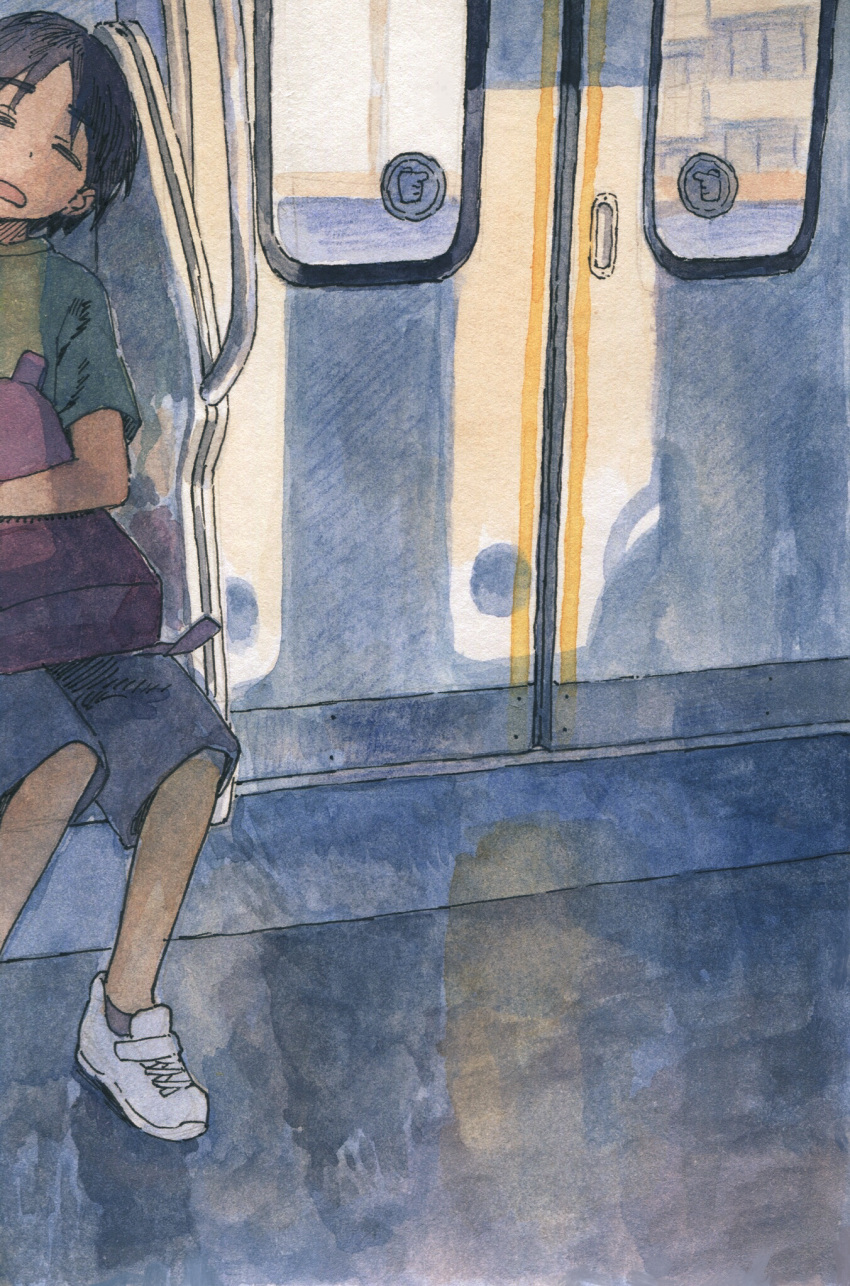 1girl backpack backpack_removed bag black_hair blue_shorts closed_eyes commentary_request green_shirt highres muji_(uimss) open_mouth original shirt short_hair short_sleeves shorts sleeping solo train_interior white_footwear