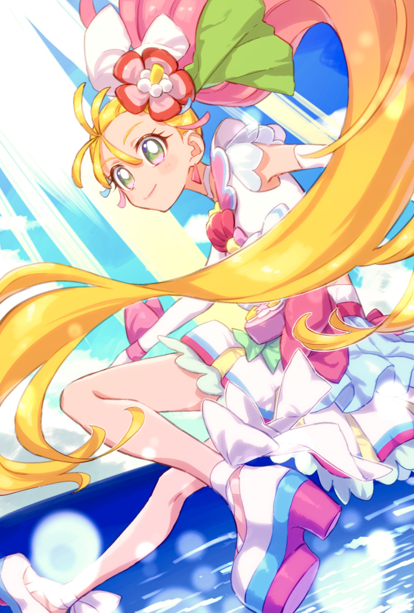 1girl ankle_bow bare_legs blonde_hair bow choker closed_mouth clouds cure_summer earrings flower full_body gradient_hair green_eyes hair_flower hair_ornament hair_strand heart heart_in_eye highres jewelry layered_skirt long_hair looking_at_viewer magical_girl multicolored_eyes multicolored_hair natsuumi_manatsu ocean okimochi pink_bow pink_eyes pink_hair pouch precure shoes side_ponytail skirt sky smile solo symbol_in_eye triangle_earrings tropical-rouge!_precure very_long_hair white_bow white_choker white_footwear white_skirt wrist_bow