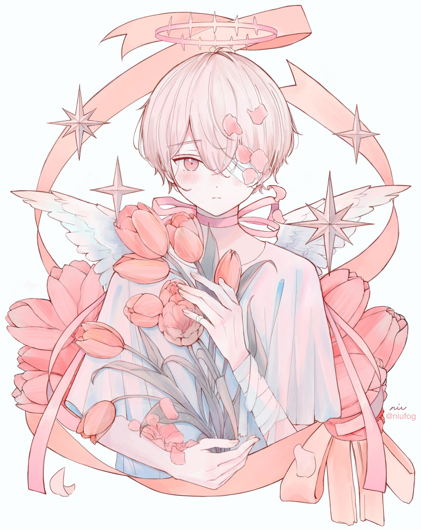 1boy absurdres androgynous angel angel_wings bandages bandaid choker double_halo eyepatch flower halo highres male_focus one_eye_covered original pale_skin pink_eyes pink_hair pink_theme ribbon tulip umeshush wings