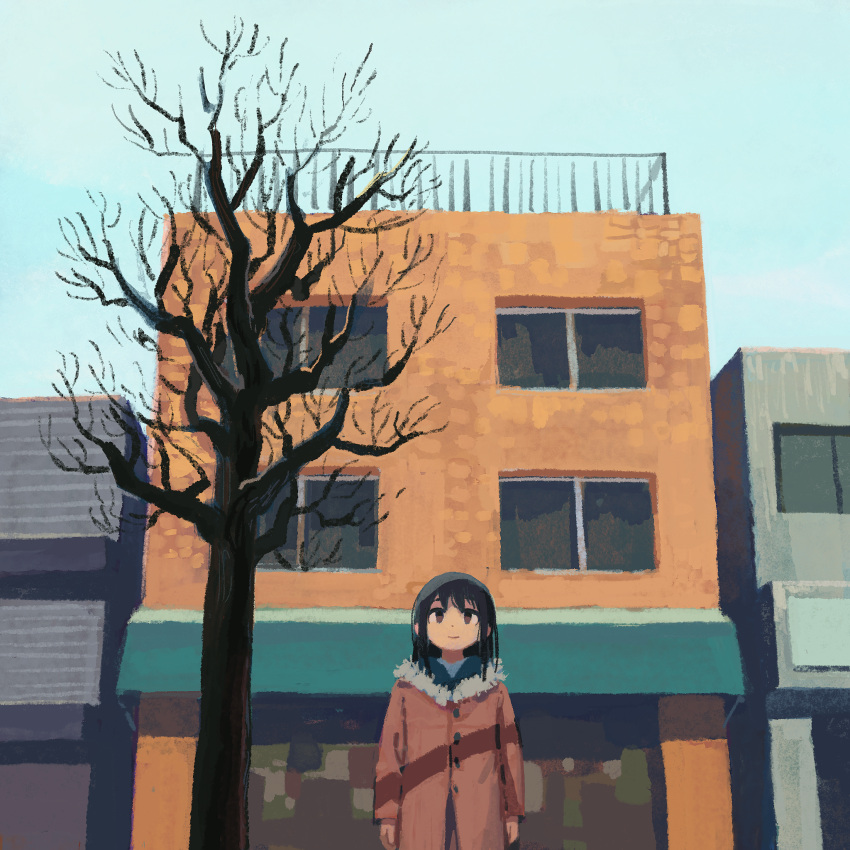 1girl bare_tree black_hair blue_sky brown_coat building coat commentary_request day fur-trimmed_coat fur_trim highres long_hair long_sleeves muji_(uimss) original outdoors sky solo tree upper_body winter_clothes