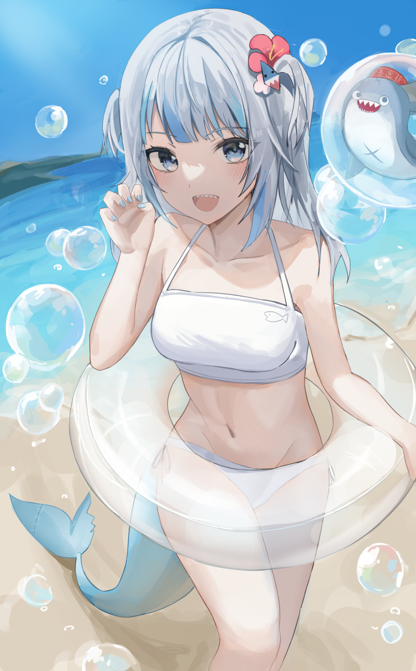 1girl :d absurdres bangs beach bikini blue_eyes bubble collarbone commentary_request cowboy_shot day eyebrows_visible_through_hair fangs fish_tail flower gawr_gura grey_hair grey_nails groin hair_flower hair_ornament halter_top halterneck highres hololive hololive_english lifebuoy light_blush looking_at_viewer medium_hair multicolored_hair mungduck navel one_side_up paw_pose shark_tail smile solo standing streaked_hair swimsuit tail virtual_youtuber white_bikini