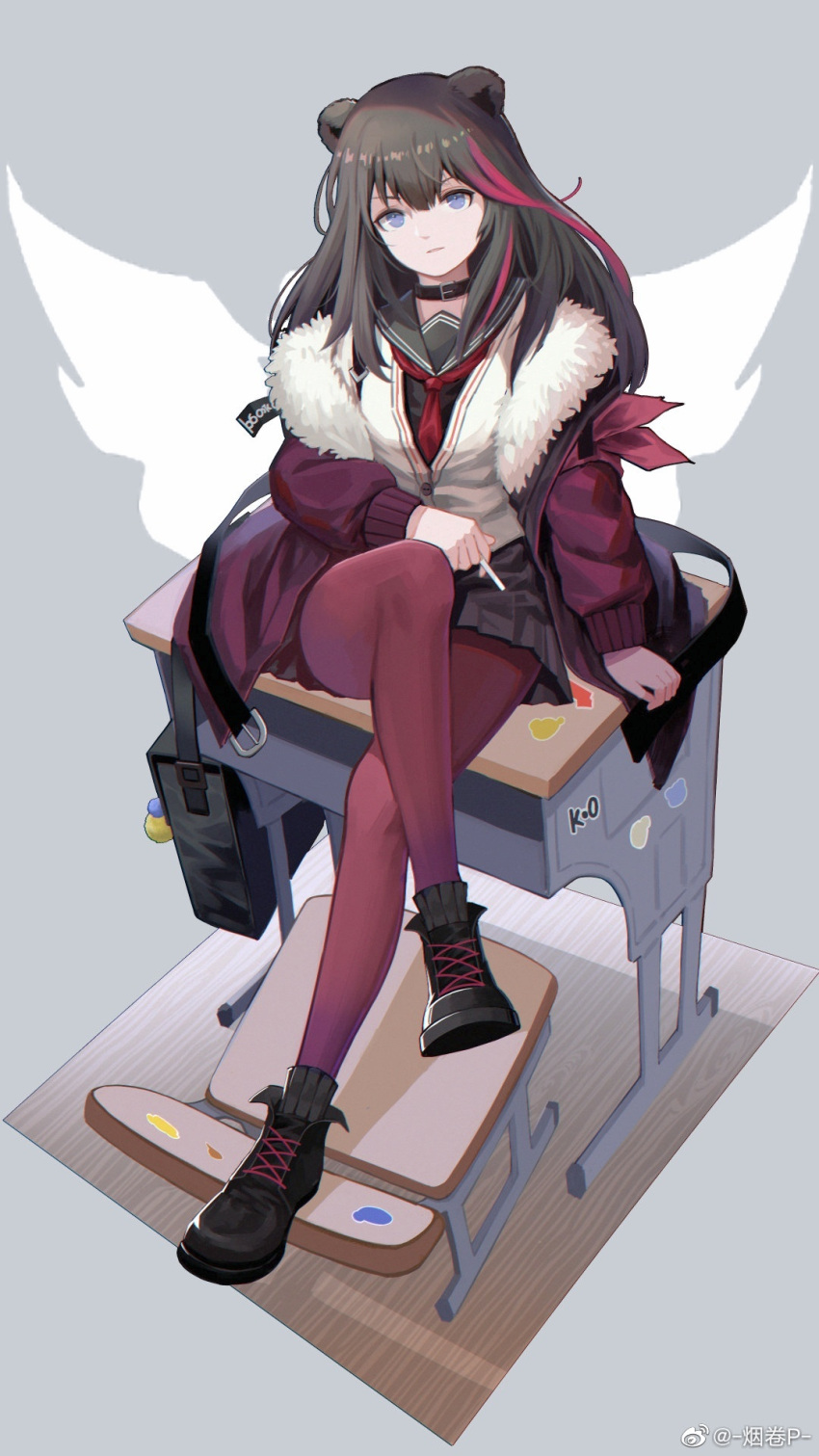 1girl animal_ears ankle_boots arknights bag bag_charm bangs bear_ears belt black_footwear black_hair black_skirt blue_eyes boots chair charm_(object) cigarette cigarette_p coat crossed_legs desk eyebrows_behind_hair full_body fur-trimmed_coat fur_trim grey_background highres holding holding_cigarette jacket long_hair looking_at_viewer miniskirt multicolored_hair neckerchief on_desk open_belt open_clothes open_coat parted_lips purple_coat red_neckerchief redhead school_bag school_chair school_desk sitting sitting_on_desk skirt solo streaked_hair two-tone_background two-tone_hair white_jacket zima_(arknights)