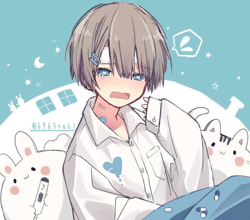 1boy bandages bandaid blonde_hair blue_eyes blush doll doll_joints fever heart heart-shaped_pupils highres joints male_focus oosaka_rei original pajamas pale_skin rabbit shirt shota sick stuffed_toy sweatdrop symbol-shaped_pupils thermometer tired under_covers yawning