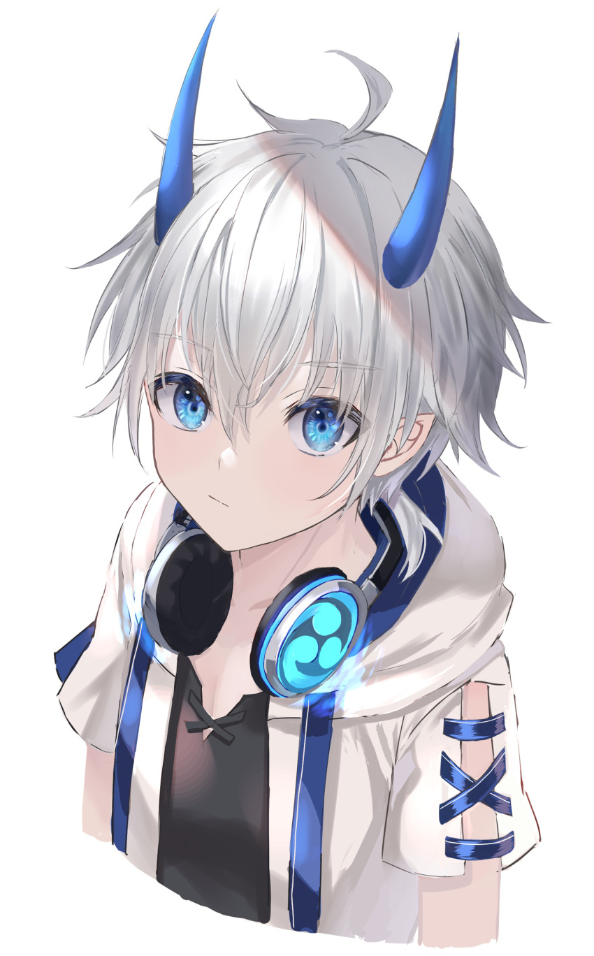 1boy :/ absurdres blue_eyes bored demon_boy demon_horns frown headphones highres horns looking_at_viewer male_focus original pale_skin pointy_ears raiya_atelier white_hair