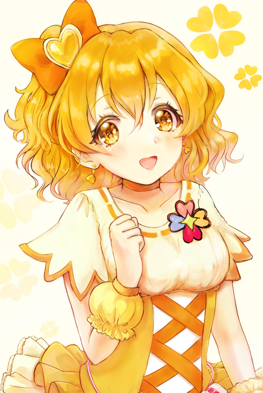 1girl :d bow choker collarbone colored_eyelashes cure_pine earrings fresh_precure! frills hair_bow hair_ornament heart heart_earrings heart_hair_ornament highres jewelry kero-san_(keroooo_3) looking_at_viewer magical_girl open_mouth orange_bow orange_choker orange_eyes orange_hair orange_theme precure short_hair side_ponytail skirt smile solo upper_body wrist_cuffs yamabuki_inori yellow_background yellow_skirt
