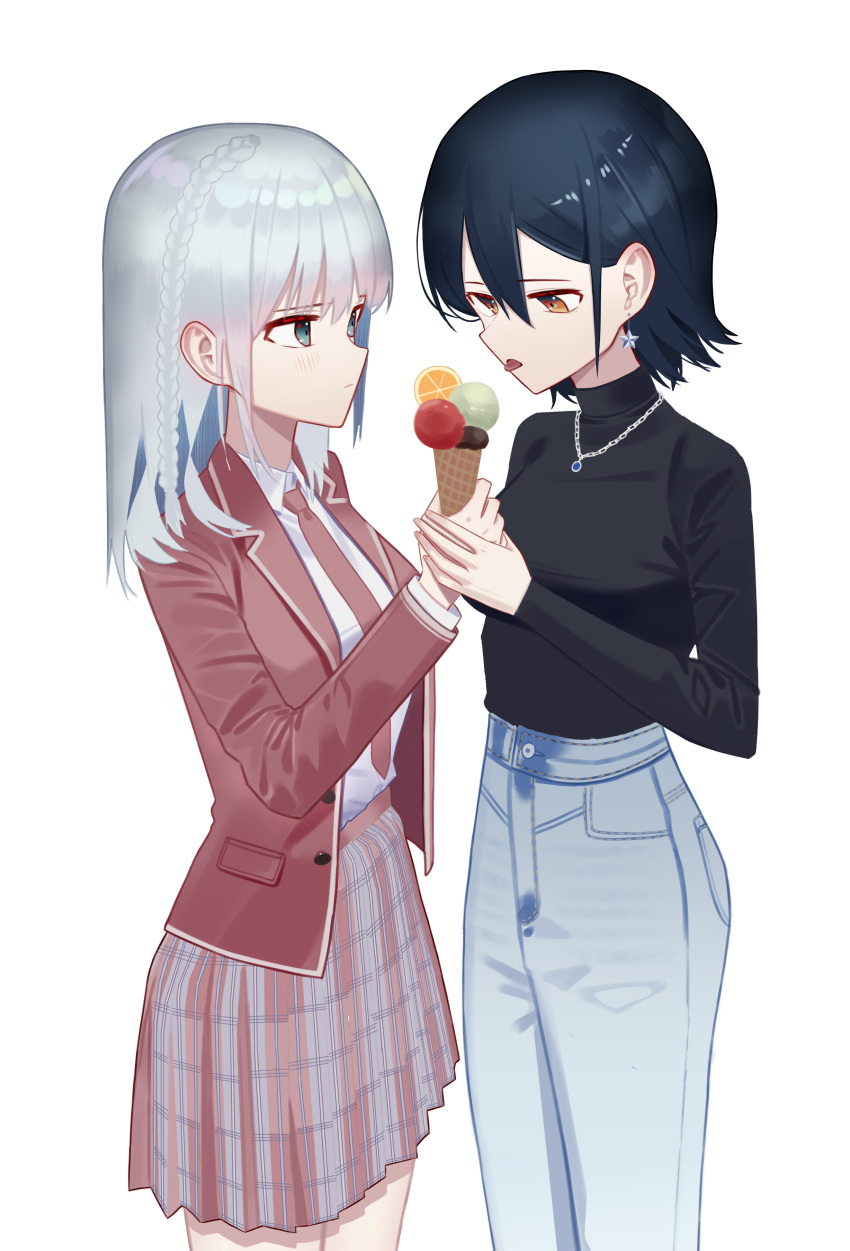 2girls absurdres black_hair black_shirt blazer blue_eyes braid chinese_commentary closed_mouth collared_shirt commentary_request cowboy_shot denim earrings food hair_behind_ear highres holding holding_food holding_hands ice_cream ice_cream_cone jacket jeans jewelry long_hair long_sleeves looking_at_another multiple_girls necklace necktie orange_eyes original pants plaid pleated_skirt red_jacket red_necktie red_skirt school_uniform shirt shirt_tucked_in short_hair side_braid simple_background skirt star_(symbol) star_earrings syouko_jiaozijun tongue tongue_out white_background white_hair white_shirt yuri