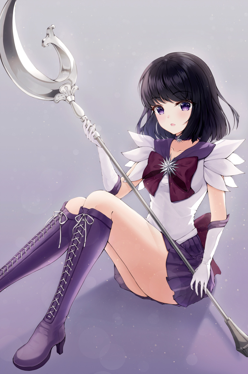 1girl back_bow bishoujo_senshi_sailor_moon black_hair boots bow brooch choker circlet earrings elbow_gloves gloves gradient gradient_background highres jewelry looking_at_viewer outer_senshi pleated_skirt prana_(prana12) purple_background purple_footwear purple_sailor_collar purple_theme sailor_collar sailor_saturn sailor_senshi sailor_senshi_uniform short_hair silence_glaive sitting skirt solo star_(symbol) star_choker tiara tomoe_hotaru violet_eyes white_background white_gloves