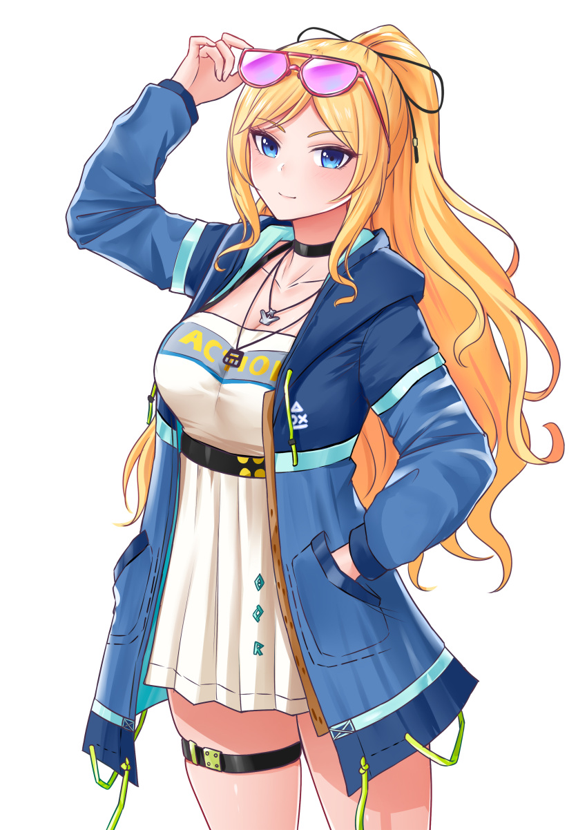 1girl absurdres azur_lane blonde_hair blue_eyes blue_jacket breasts chaser_(azur_lane) chaser_(gamer_style)_(azur_lane) clothes_writing dress eyewear_on_head hand_in_pocket highres hood hood_down hooded_jacket jacket large_breasts looking_at_viewer official_alternate_costume open_clothes open_jacket pink-tinted_eyewear shiromashiro97 short_dress simple_background solo standing thigh_strap tinted_eyewear white_background white_dress