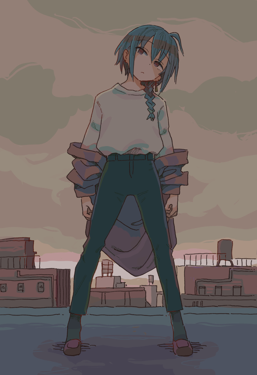 1other androgynous black_legwear black_pants blue_hair braid closed_mouth clouds cloudy_sky commentary_request earrings expressionless eyebrows_visible_through_hair full_body grey_sky highres jacket jewelry legs_apart long_hair looking_at_viewer muji_(uimss) nijisanji off_shoulder on_roof outdoors pants purple_footwear purple_jacket ryuushen shirt shirt_tucked_in single_braid sky socks solo standing violet_eyes virtual_youtuber white_shirt