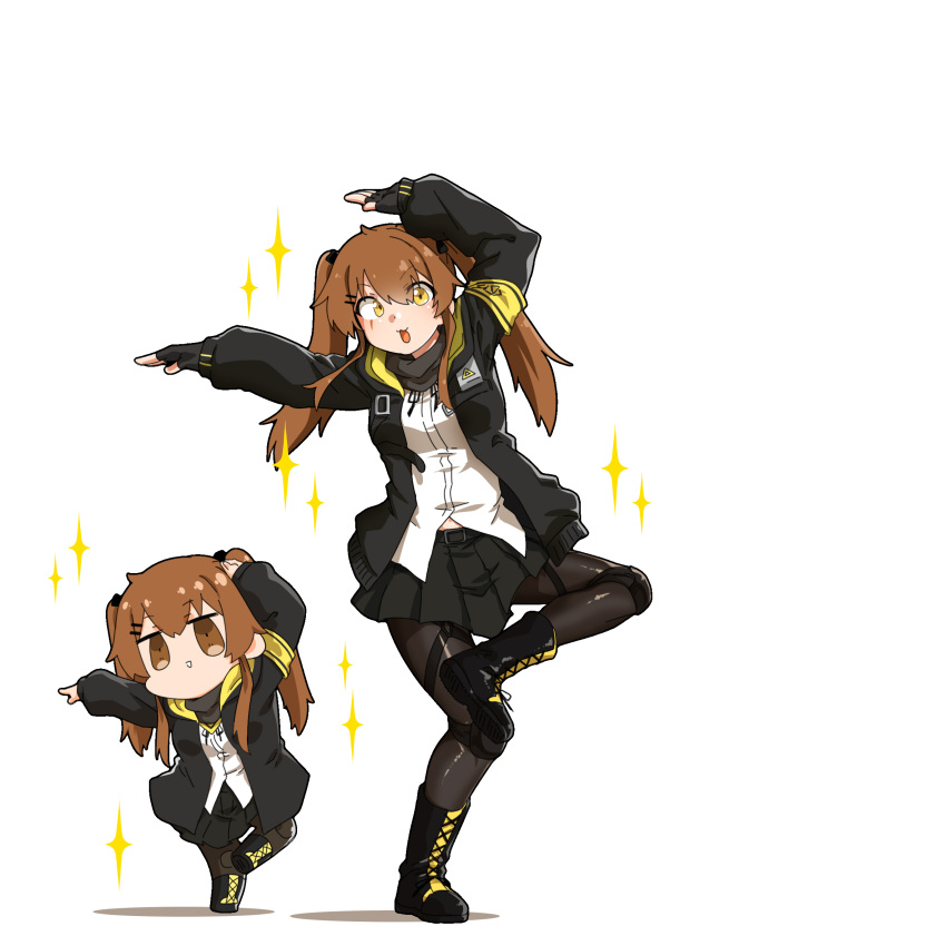 2girls :3 armband black_footwear black_gloves boots brown_eyes brown_hair chibi clone commentary_request eyebrows_visible_through_hair fingerless_gloves full_body girls_frontline gloves hair_ornament hairclip highres jacket long_hair looking_at_viewer multiple_girls myon2 open_mouth pose shirt simple_background skirt smile standing standing_on_one_leg star_(symbol) tactical_clothes twintails ump9_(girls'_frontline) white_background white_shirt yellow_eyes