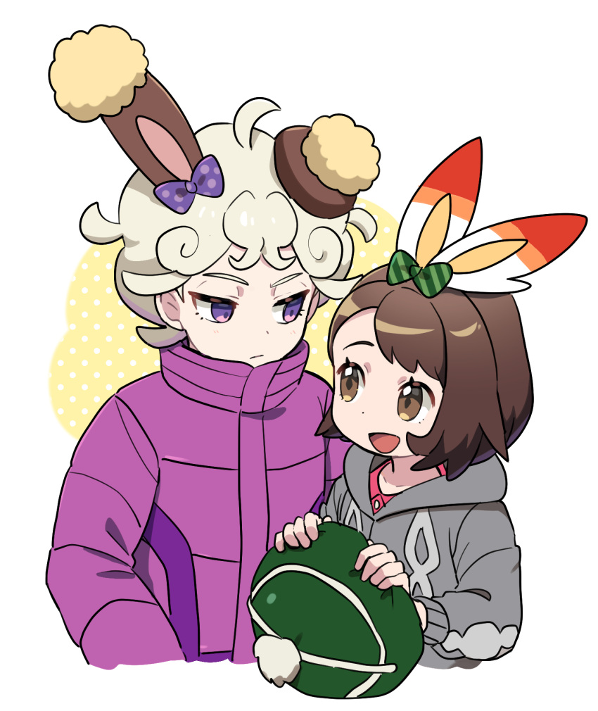 1boy 1girl :d ahoge bangs bede_(pokemon) blonde_hair bob_cut brown_eyes brown_hair buneary buttons cable_knit cardigan closed_mouth coat collared_dress curly_hair dress eyelashes gloria_(pokemon) green_headwear grey_cardigan hat highres holding holding_clothes holding_hat hooded_cardigan open_mouth pink_dress pokemon pokemon_(game) pokemon_ears pokemon_swsh purple_coat rnehrdyd1212 scorbunny short_hair smile symbol-only_commentary tam_o'_shanter tongue violet_eyes