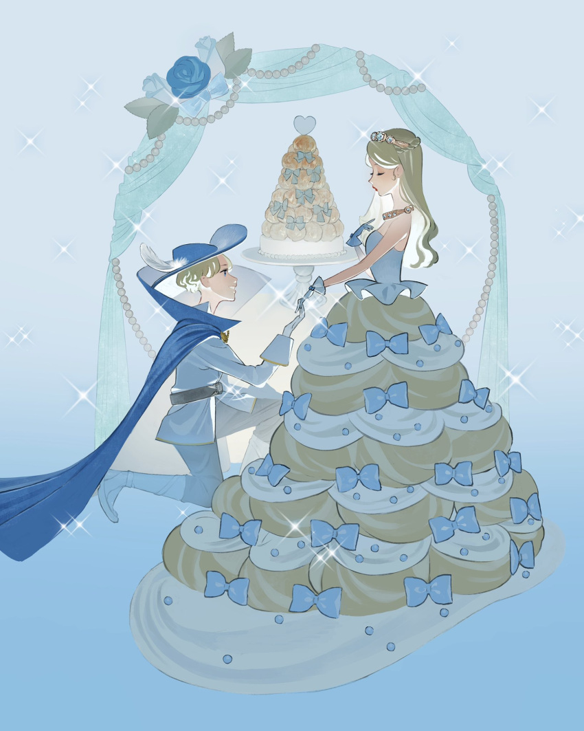 1boy 1girl blue_background blue_bow blue_cape blue_eyes blue_gloves blue_headwear bow brown_hair cake cape croquembouche dress_bow food gloves gradient gradient_background highres long_hair mu_mashu original parted_lips short_hair smile white_feathers