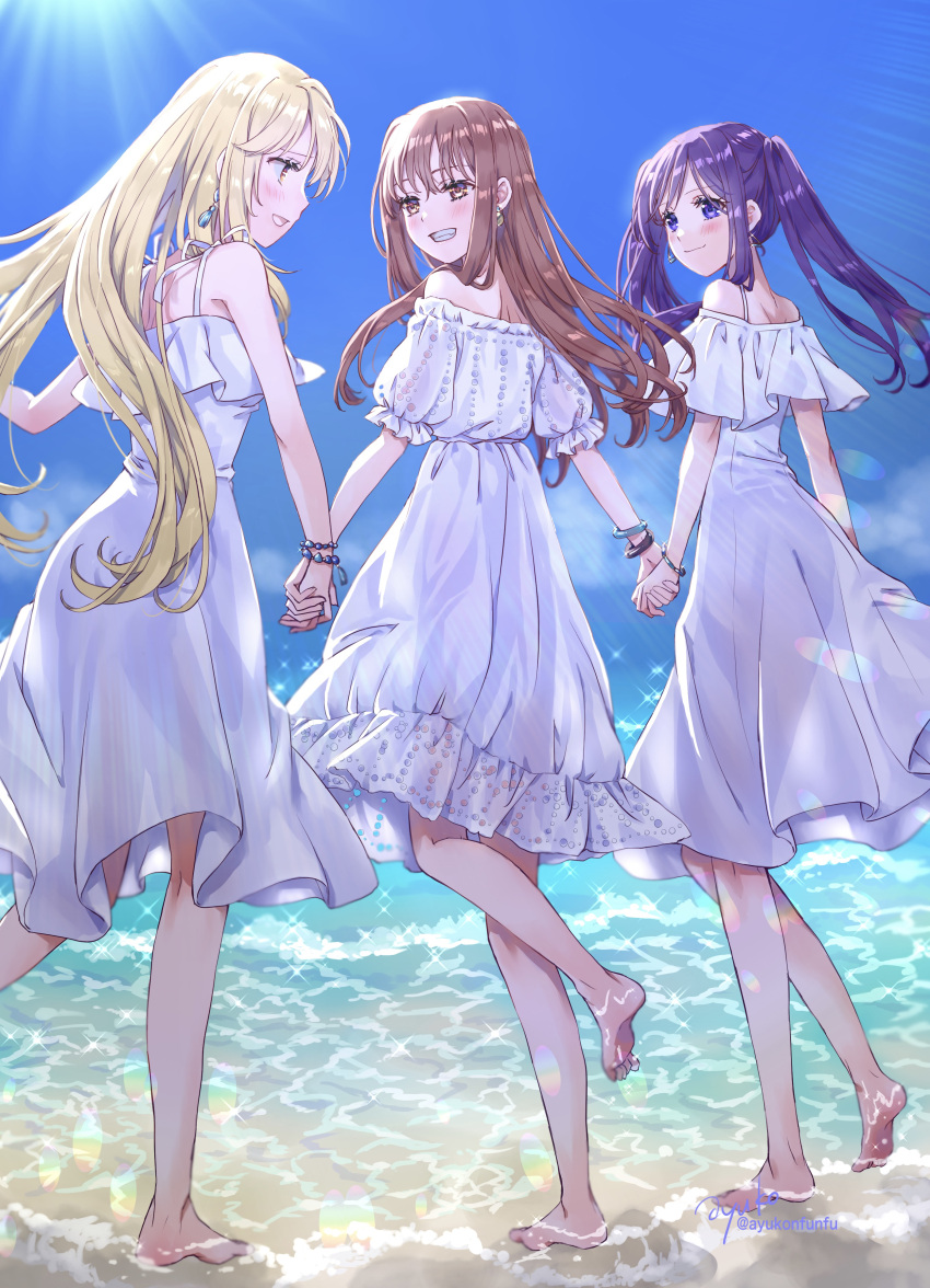 3girls :d absurdres alternate_hair_length alternate_hairstyle ayuko_(ayuko54bornthisway) barefoot beach blonde_hair blue_eyes blue_sky blurry blurry_background blush bracelet brown_eyes brown_hair character_request day dress earrings eye_contact floating_hair full_body grin highres holding_hands jewelry long_hair looking_at_another medium_dress misaka_mikoto multiple_girls ocean off-shoulder_dress off_shoulder older outdoors purple_hair see-through_silhouette shiny shiny_hair shokuhou_misaki signature sky smile soaking_feet soles straight_hair summer sundress sunlight toaru_majutsu_no_index twitter_username very_long_hair walking watermark white_dress