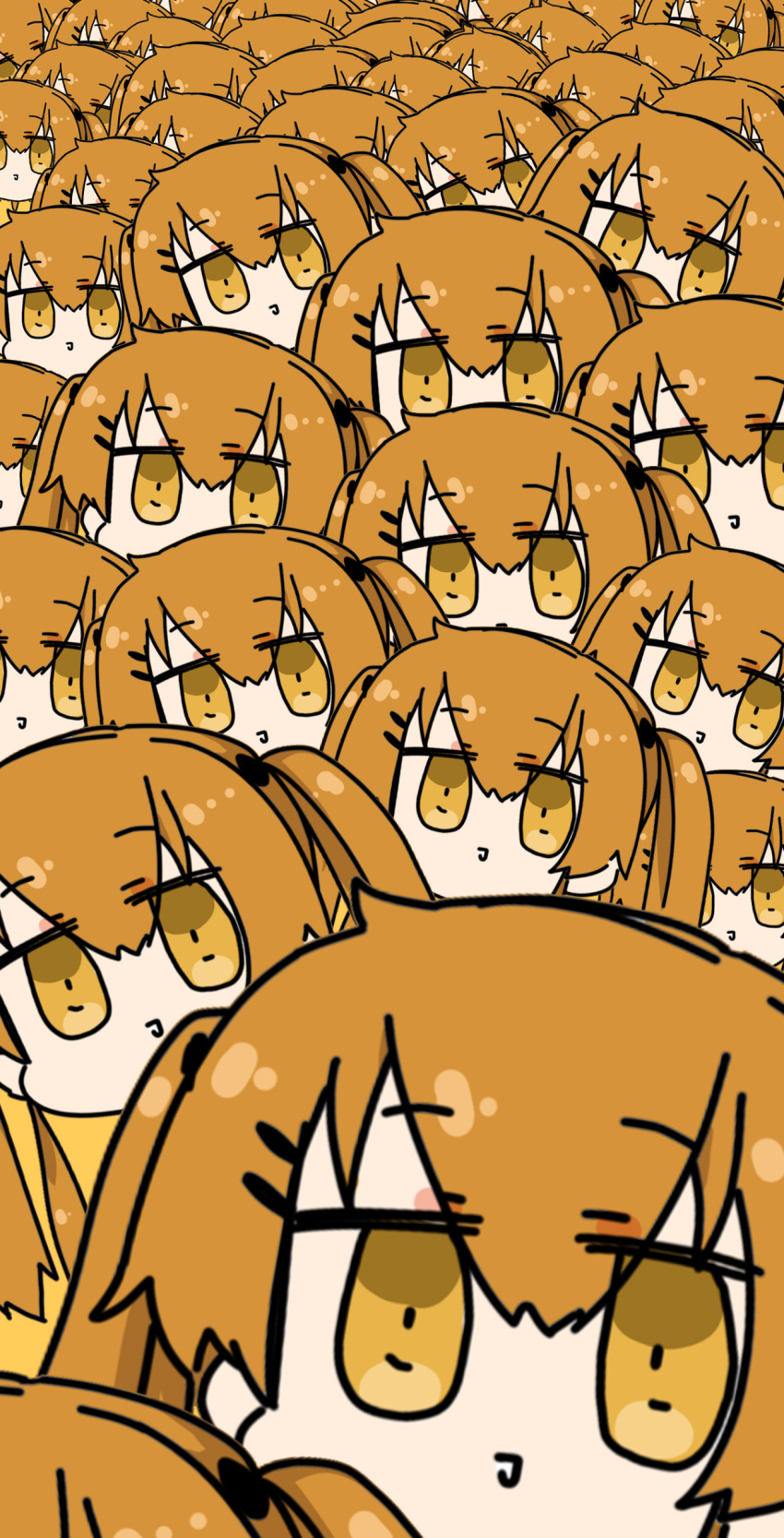 6+girls absurdres brown_hair chibi clone commentary disembodied_head eyebrows_visible_through_hair girls_frontline highres jitome looking_at_viewer multiple_girls myon2 orange_eyes smile too_many twintails ump9_(girls'_frontline) yellow_background