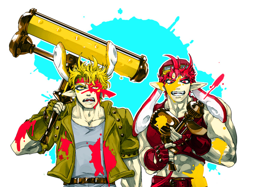 2boys bare_shoulders blonde_hair brown_hair caesar_anthonio_zeppeli crossover eyeshadow fangs fingerless_gloves fusion gloves green_jacket grin gun inkling jacket jojo_no_kimyou_na_bouken joseph_joestar joseph_joestar_(young) makeup male_focus michiru_(amphibian) multiple_boys muscular muscular_male paint_splatter parody pointy_ears red_eyes redhead smile splat_roller_(splatoon) splatoon_(series) tentacle_hair weapon yellow_eyes