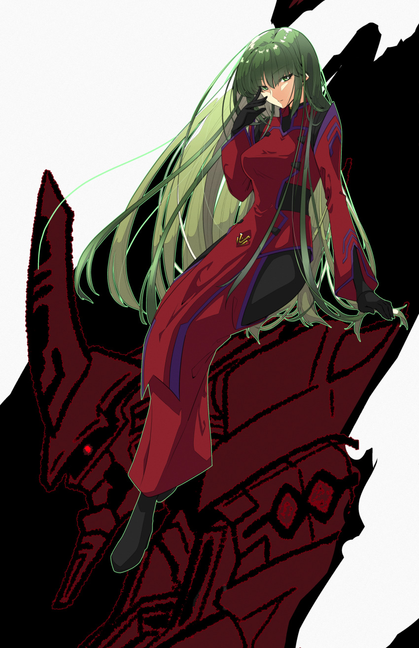 1girl bangs black_footwear black_gloves black_legwear breasts eyebrows_visible_through_hair gloves glowing glowing_eye green_eyes green_hair highres kamon_rider long_hair looking_at_viewer mecha medium_breasts military military_uniform muvluv muvluv_alternative red_eyes science_fiction tactical_surface_fighter takemikazuchi_(muvluv) tsukuyomi_mana uniform very_long_hair