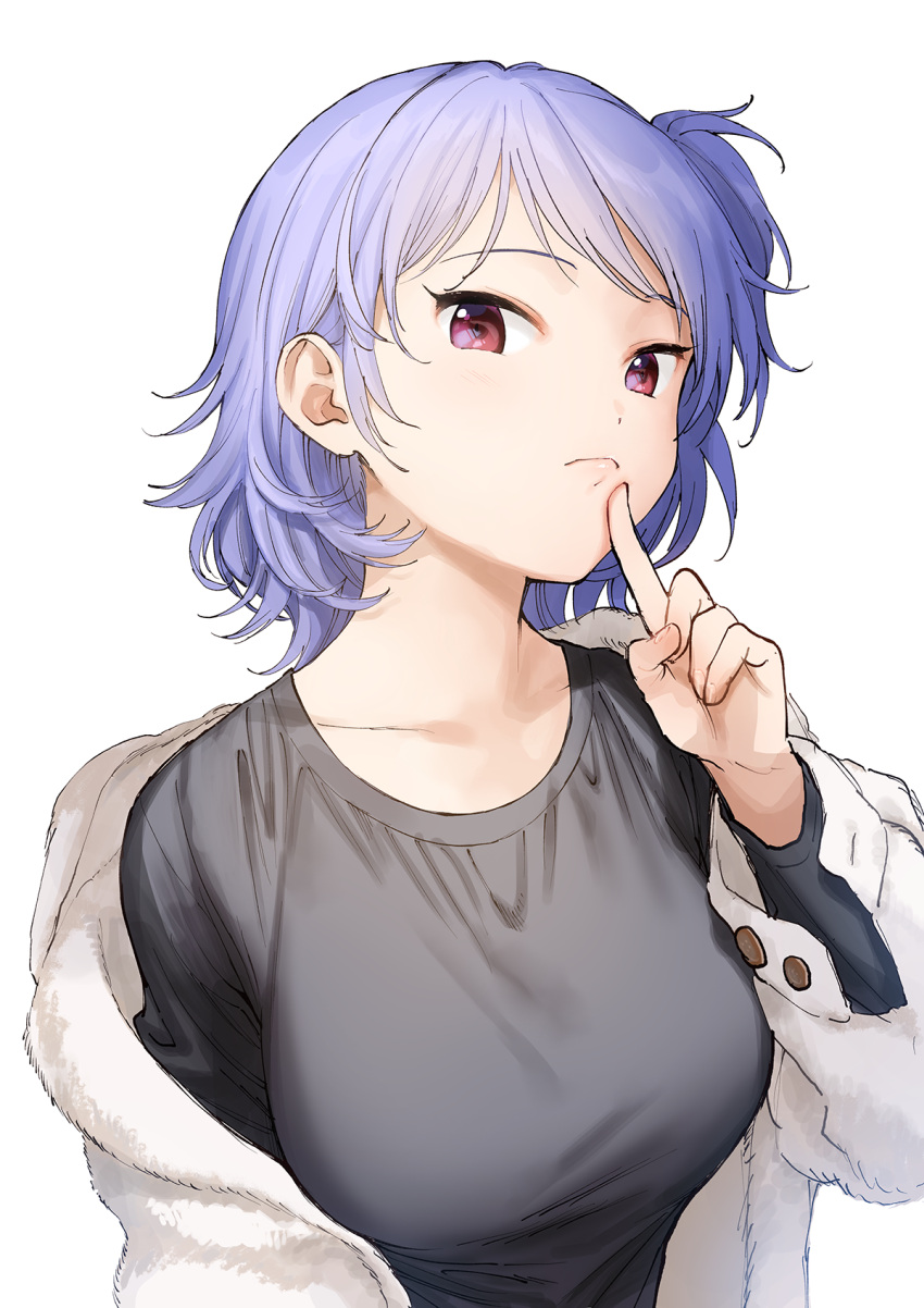 1girl bangs blue_hair breasts closed_mouth collarbone dot_nose finger_to_mouth from_side fur grey_shirt hair_behind_ear hand_up highres index_finger_raised large_breasts light_blue_hair light_blush light_purple_hair long_sleeves looking_at_viewer looking_down looking_to_the_side off_shoulder one_side_up open_clothes original pink_eyes red_eyes sekiya_asami shirt short_hair simple_background sleeve_cuffs solo swept_bangs thinking tsurime upper_body white_background