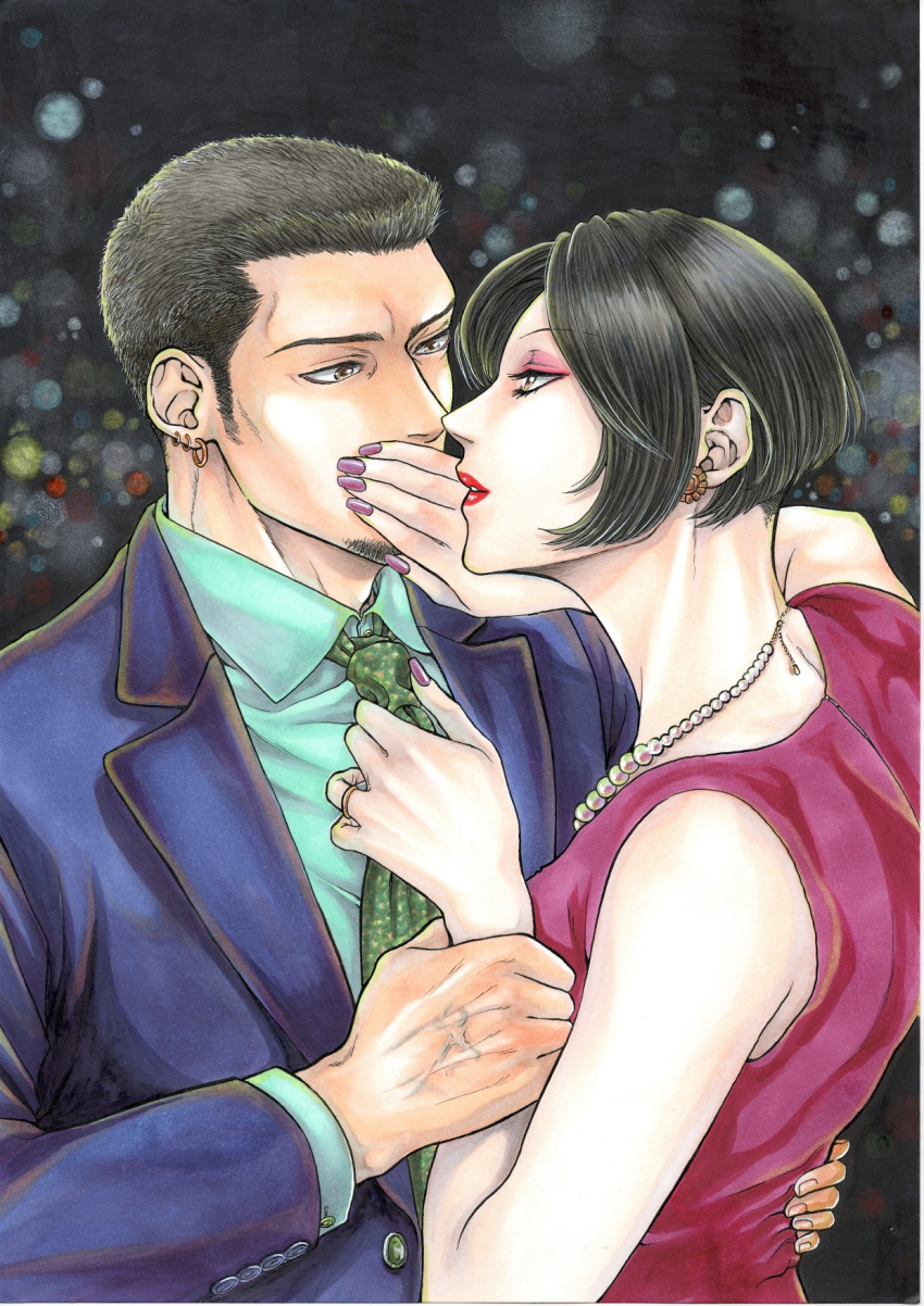 1boy 1girl bare_shoulders black_hair bob_cut earrings facial_hair formal gyuu-lunch hand_on_another's_face hetero highres holding holding_another's_wrist husband_and_wife jewelry lipstick looking_at_another makeup marker_(medium) mature_female nail_polish necklace necktie original red_lips ring short_hair shouwa sleeveless suit traditional_media veins very_short_hair wedding_band