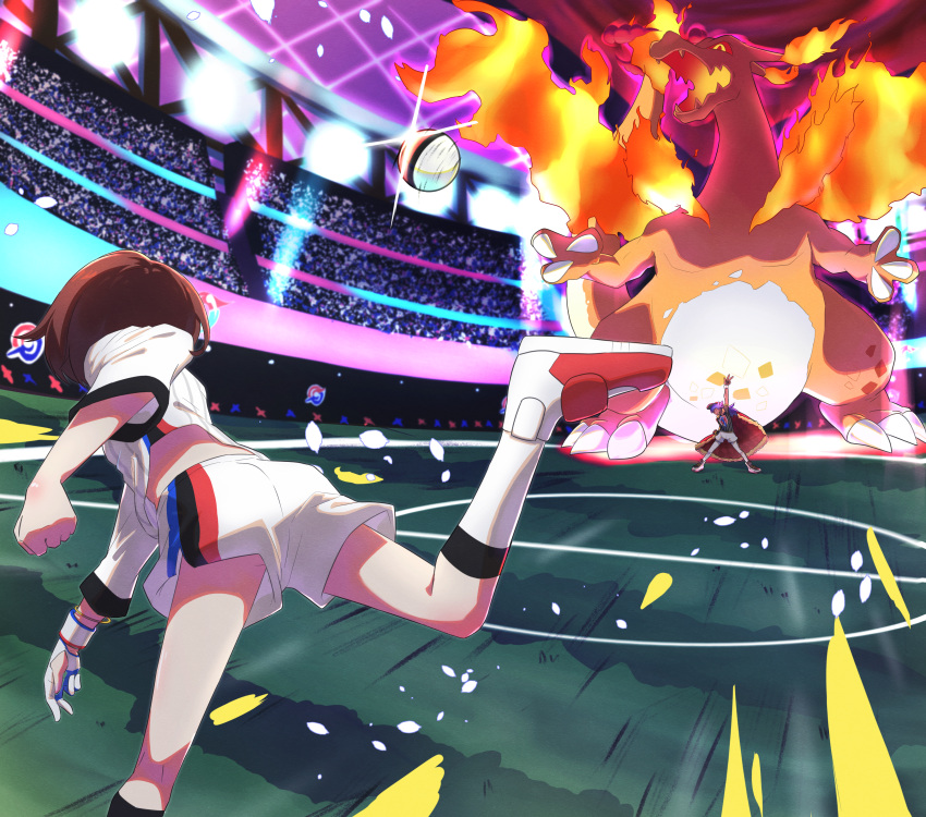 1boy 1girl absurdres arm_up ass brown_hair charizard charizard_pose claws commentary_request duel dynamax_band facing_away fire from_behind gigantamax gigantamax_charizard glint gloria_(pokemon) gloves gym_challenge_uniform highres leg_up leon_(pokemon) light negimiso1989 partially_fingerless_gloves poke_ball poke_ball_(basic) pokemon pokemon_(creature) pokemon_(game) pokemon_swsh red_footwear shirt shoes shorts single_glove socks stadium throwing white_legwear white_shirt white_shorts