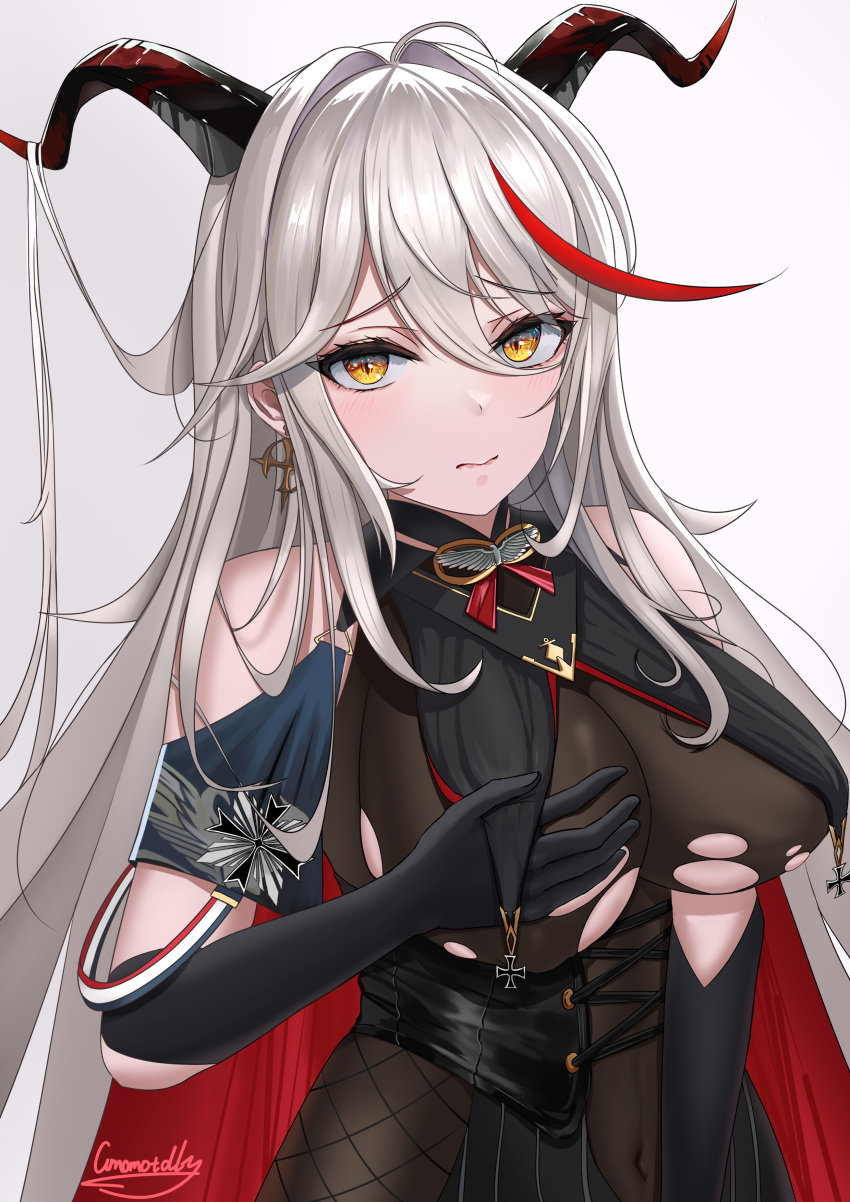 1girl absurdres aegir_(azur_lane) artist_name azur_lane bare_shoulders black_cape black_gloves bodystocking breast_curtains breasts cape covered_navel cross cross-laced_clothes cross_earrings demon_horns earrings eyebrows_visible_through_hair gloves gmomotdly hair_between_eyes hair_on_horn highres horns iron_cross jewelry large_breasts long_hair looking_at_viewer multicolored_hair redhead simple_background solo streaked_hair torn_bodystocking torn_clothes two-tone_hair underbust upper_body very_long_hair white_background white_hair yellow_eyes