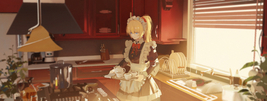 1girl absurdres apron blonde_hair blue_eyes cup faucet gloves highres kitchen lanchuan maid maid_apron maid_headdress morning original painting sink solo stove teacup teapot tray