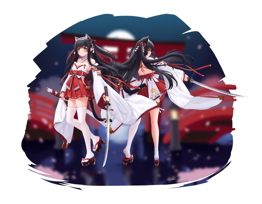 2girls absurdres allenes animal_ear_fluff animal_ears asymmetrical_legwear azur_lane bangs bare_shoulders bell black_hair blue_eyes breasts cat_ears cat_tail commentary_request detached_sleeves double_bun extra_ears eyebrows_visible_through_hair floating_hair full_body hair_ribbon hatsuharu_(azur_lane) highres holding holding_sheath holding_sword holding_weapon japanese_clothes jingle_bell katana long_hair long_sleeves looking_back medium_breasts miko multiple_girls pleated_skirt red_ribbon red_skirt ribbon sandals sheath sideways_glance single_sock single_thighhigh skirt socks standing sword tail tail_bell tail_ornament tail_ribbon thigh-highs two_side_up uneven_legwear very_long_hair weapon white_legwear wide_sleeves yellow_eyes yuugure_(azur_lane)