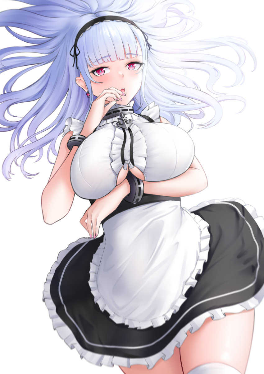 1girl absurdres apron arm_under_breasts azur_lane black_dress breasts center_frills clothing_cutout dido_(azur_lane) dress eyebrows_visible_through_hair frilled_apron frills highres large_breasts long_hair looking_at_viewer maid purple_hair shiromashiro97 shirt simple_background sleeveless sleeveless_shirt solo thigh-highs under_boob underboob_cutout violet_eyes waist_apron white_apron white_background white_legwear white_shirt zettai_ryouiki