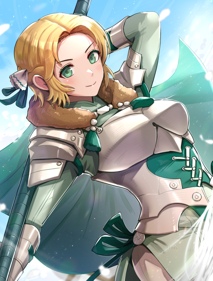 1girl armor blonde_hair breasts closed_mouth day fire_emblem fire_emblem:_three_houses fur_collar gonzarez green_eyes highres holding holding_weapon ingrid_brandl_galatea long_sleeves looking_at_viewer outdoors polearm short_hair sky smile solo weapon