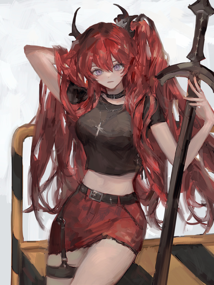 1girl arknights arm_up bangs belt black_belt black_choker black_shirt breasts choker commentary cowboy_shot crop_top cross cross_necklace hair_between_eyes hand_up highres horns jewelry large_breasts long_hair looking_at_viewer midriff miniskirt necklace pencil_skirt red_skirt redhead ring rlffuq025 shirt skirt solo standing stomach surtr_(arknights) surtr_(liberte_echec)_(arknights) sword thigh_strap very_long_hair violet_eyes weapon