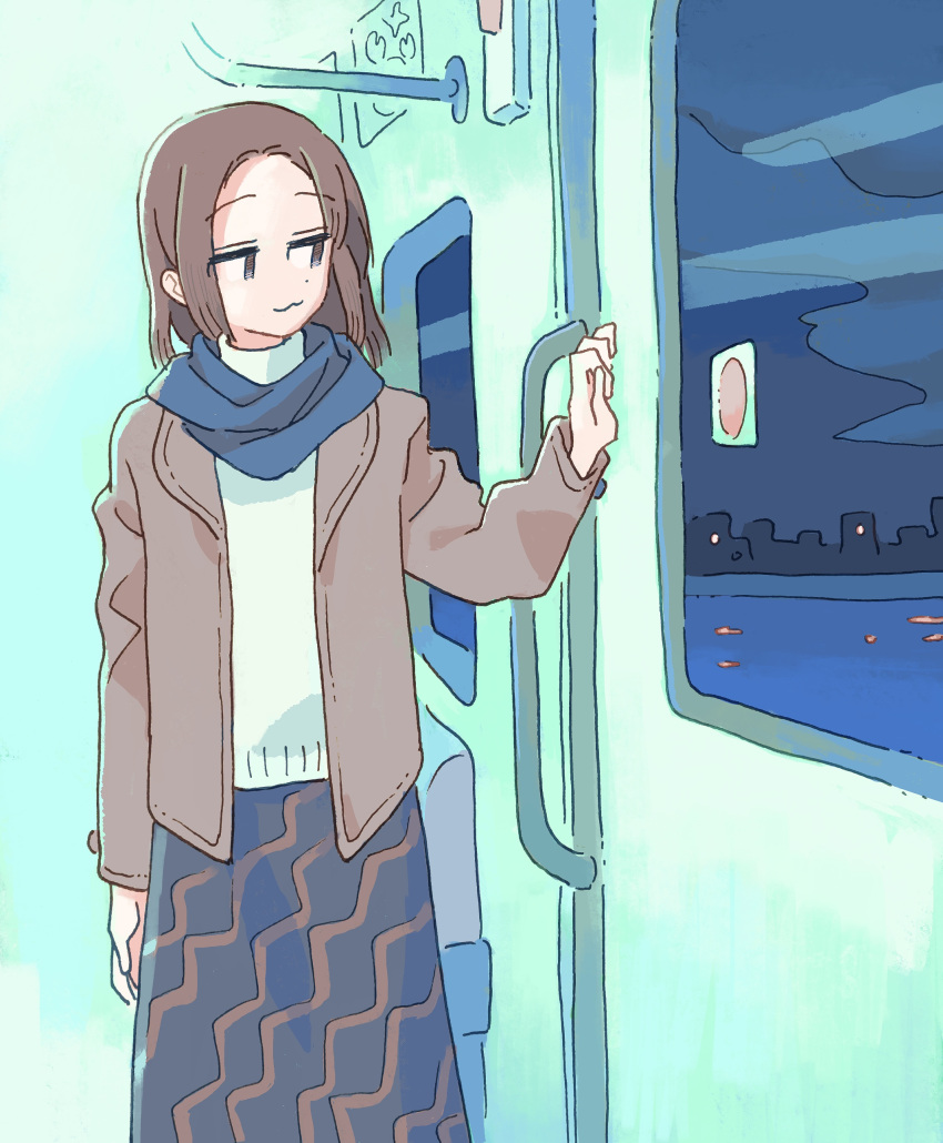 1girl :3 absurdres blue_scarf brown_eyes brown_hair brown_jacket brown_skirt closed_mouth commentary_request eyebrows_visible_through_hair highres jacket long_sleeves medium_hair muji_(uimss) night night_sky open_clothes open_jacket original scarf shirt skirt sky skyline solo train_interior white_shirt