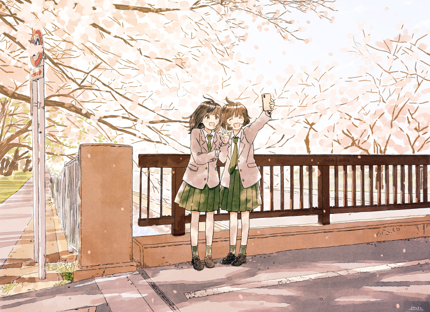 2girls :d ^_^ ^o^ absurdres ankle_socks arm_up arrow_(symbol) bangs black_footwear blazer blunt_bangs blush_stickers brown_eyes brown_hair cellphone cherry_blossoms closed_eyes collared_shirt dappled_sunlight day dot_nose eyebrows_visible_through_hair facing_viewer falling_petals fence floating_hair green_legwear green_necktie green_skirt grey_jacket hand_on_another's_arm hand_on_another's_shoulder hand_up happy highres holding holding_another's_arm holding_phone itunohika jacket light_brown_eyes loafers long_sleeves looking_to_the_side looking_up medium_hair multiple_girls necktie open_clothes open_jacket open_mouth original outdoors outstretched_arm petals phone pleated_skirt railing ribbed_legwear road road_sign scenery school_uniform selfie shade shirt shoes short_hair sidewalk sign signature skirt smartphone smile socks speed_limit_sign spring_(season) street sunlight taking_picture tareme tree tree_shade v white_shirt wide_shot wind wing_collar