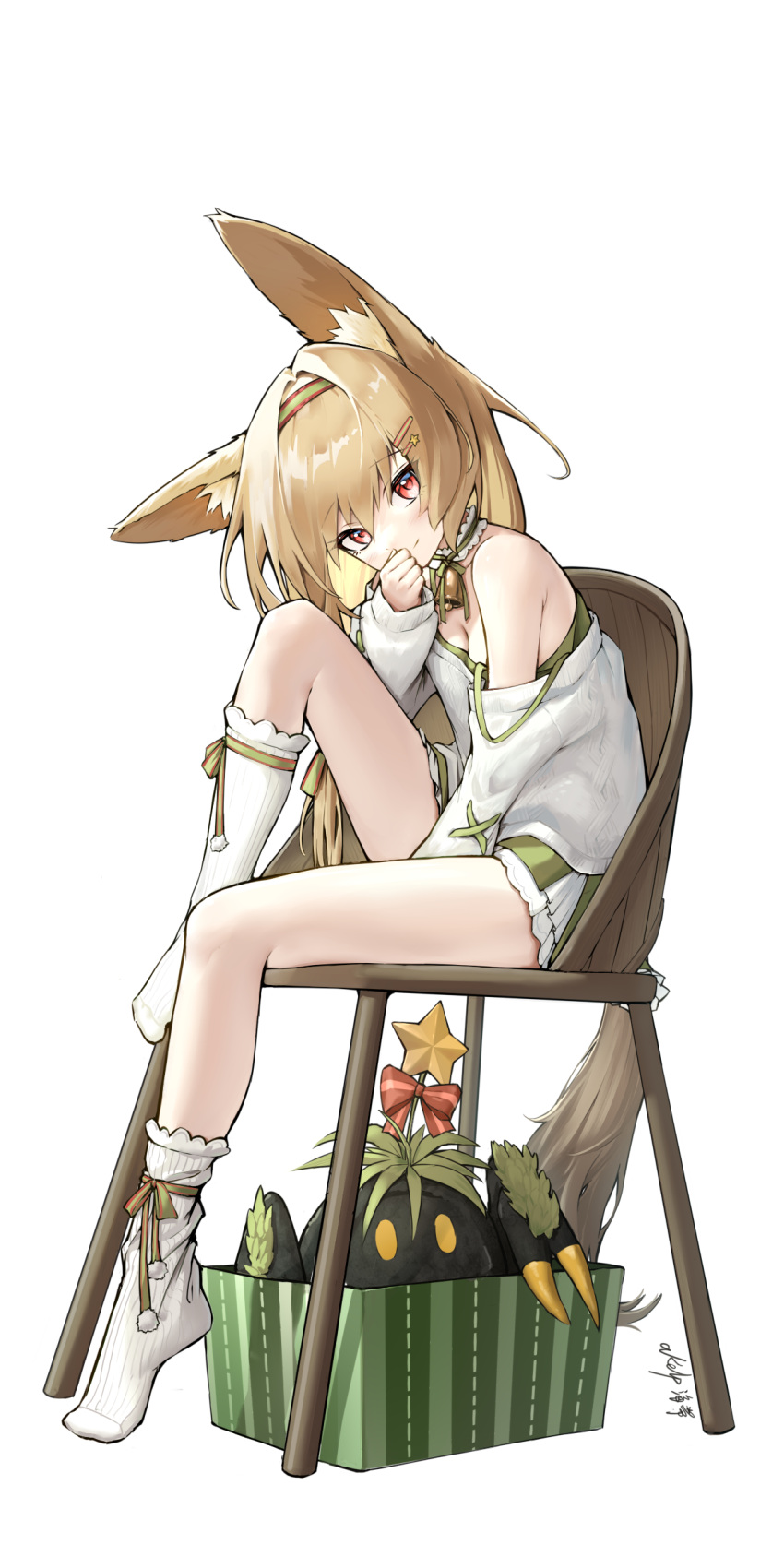 1girl absurdres akelp animal_ear_fluff animal_ears arknights bangs beanstalk_(arknights) beanstalk_(gift_uncompleted)_(arknights) bell blush bow box brown_hair closed_mouth dress eyebrows_visible_through_hair from_side full_body green_dress green_hairband hair_bow hairband highres in_box in_container knee_up kneehighs long_hair looking_at_viewer looking_to_the_side metal_crab_(arknights) neck_bell no_shoes off-shoulder_sweater off_shoulder official_alternate_costume on_chair red_eyes red_ribbon ribbon signature simple_background sitting smile solo_focus star_(symbol) strap_slip sweater tail very_long_hair white_background white_legwear white_sweater